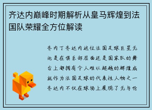 齐达内巅峰时期解析从皇马辉煌到法国队荣耀全方位解读 齐达内巅峰时期解析从皇马辉煌到法国队荣耀全方位解读