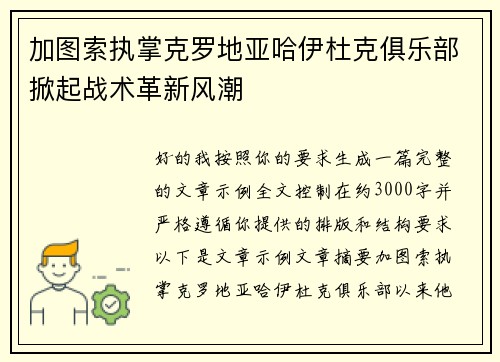 加图索执掌克罗地亚哈伊杜克俱乐部掀起战术革新风潮 加图索执掌克罗地亚哈伊杜克俱乐部掀起战术革新风潮